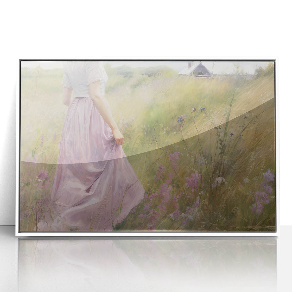 Vintage Portrait Art | Woman in Flower Field with Lilac Dress