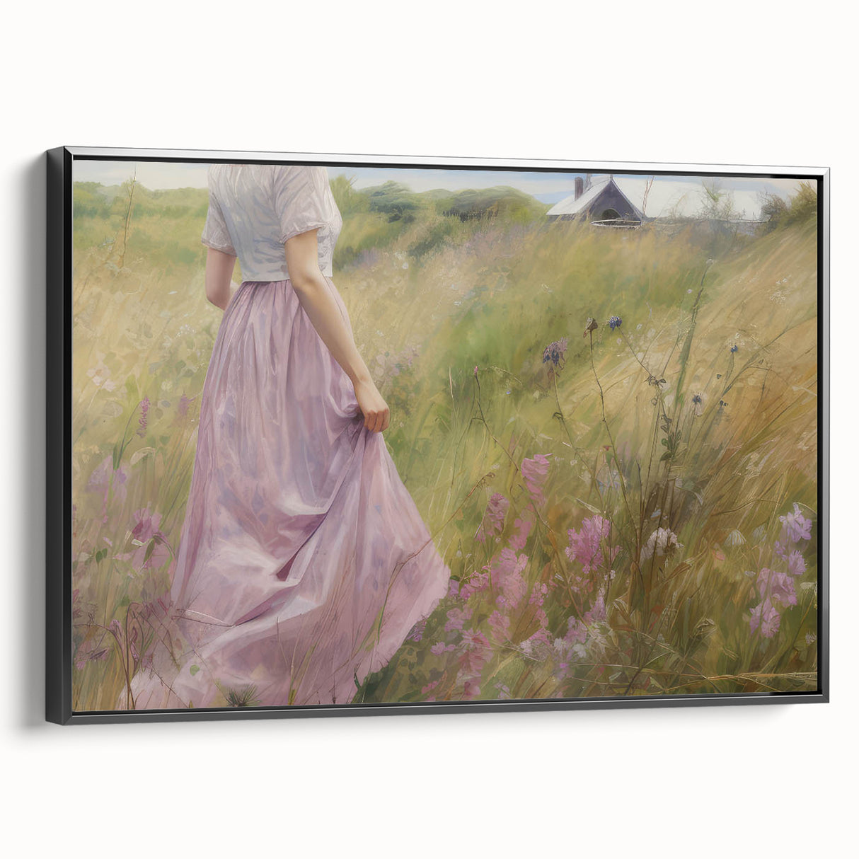 Vintage Portrait Art | Woman in Flower Field with Lilac Dress