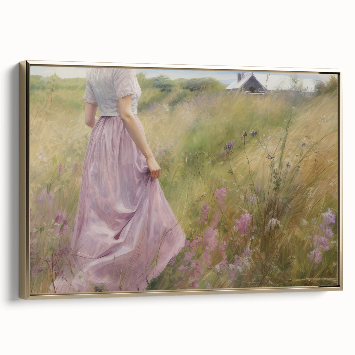 Vintage Portrait Art | Woman in Flower Field with Lilac Dress