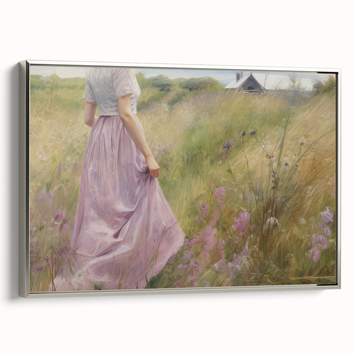 Vintage Portrait Art | Woman in Flower Field with Lilac Dress