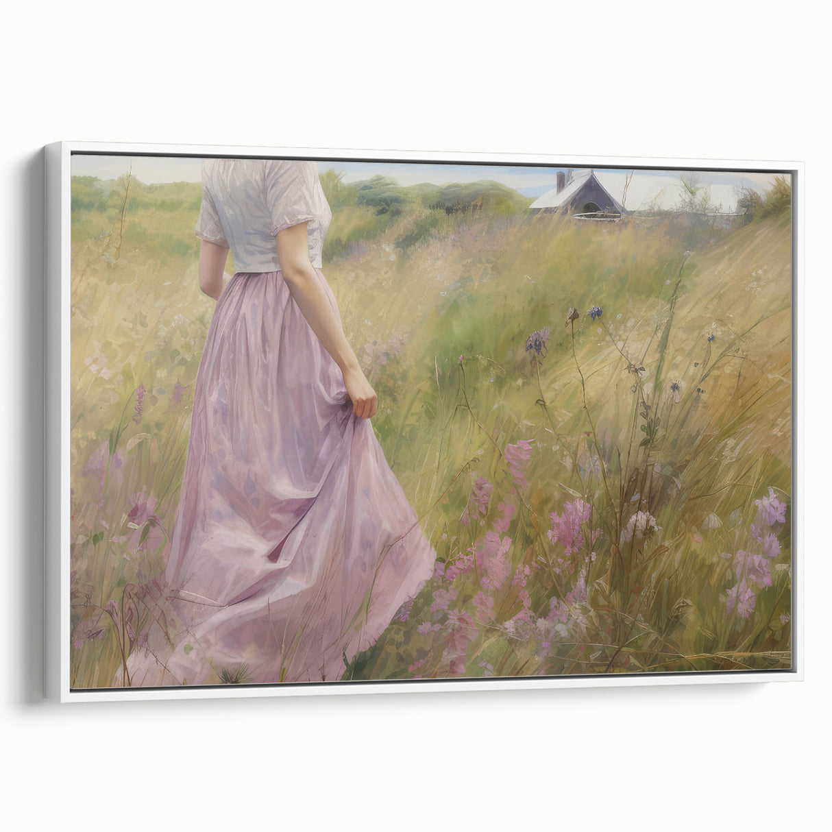 Vintage Portrait Art | Woman in Flower Field with Lilac Dress