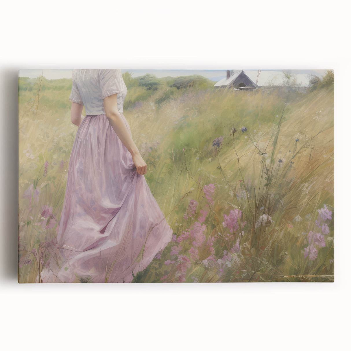 Vintage Portrait Art | Woman in Flower Field with Lilac Dress