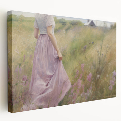 Vintage Portrait Art | Woman in Flower Field with Lilac Dress