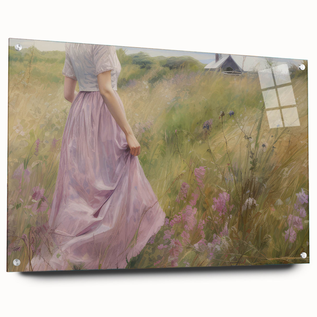 Vintage Portrait Art | Woman in Flower Field with Lilac Dress