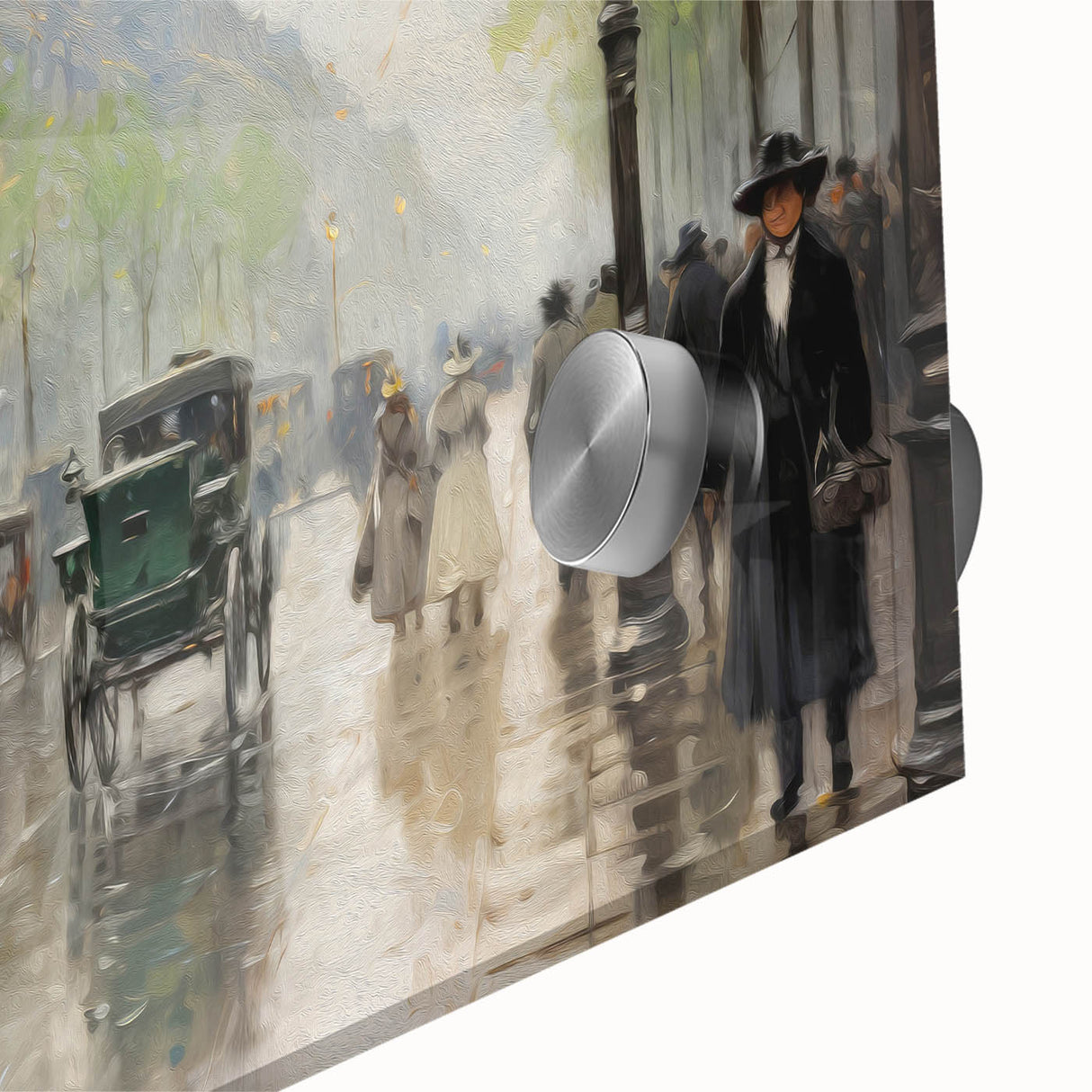 Vintage Portrait Art | Bustling Paris Street Scene in Rain