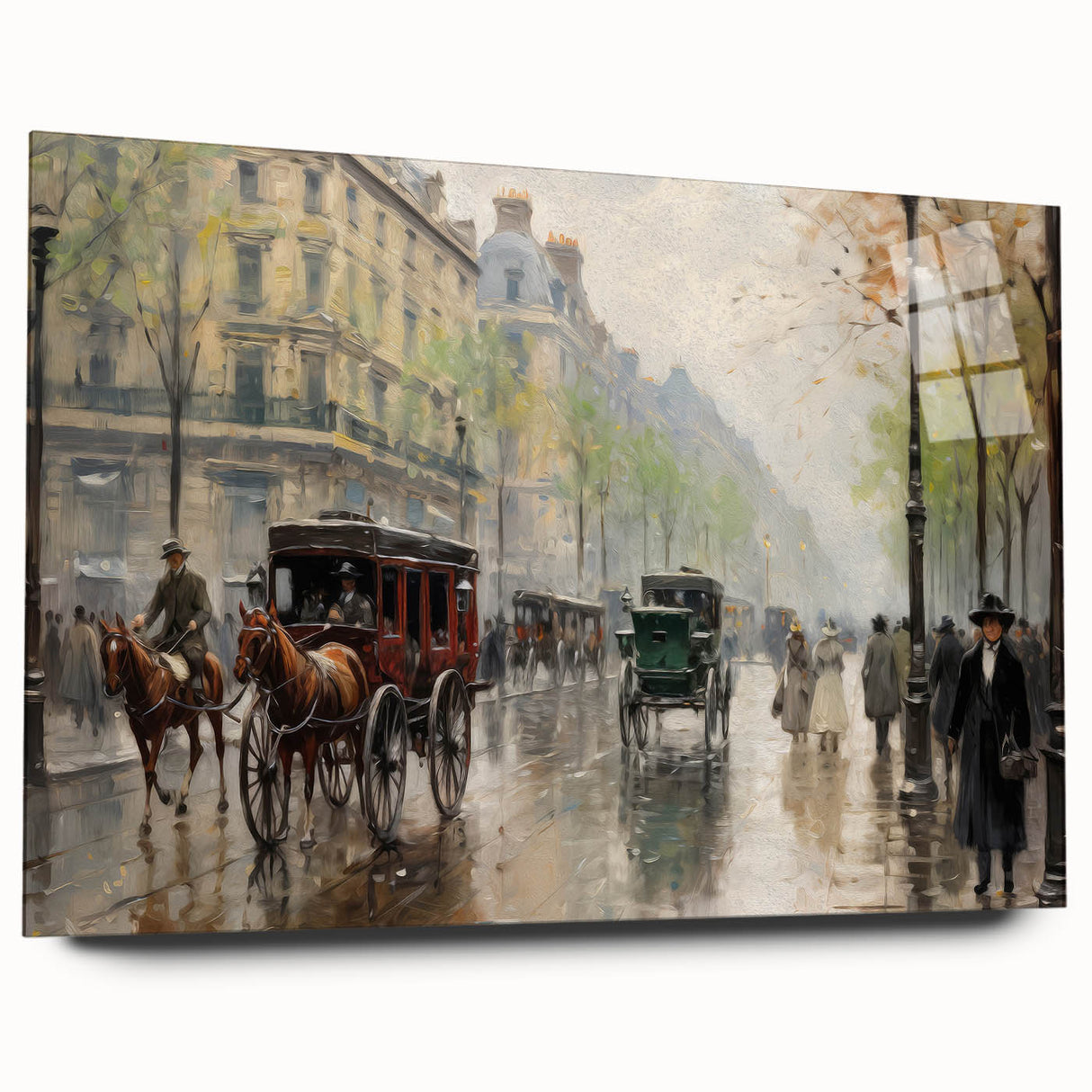 Vintage Portrait Art | Bustling Paris Street Scene in Rain