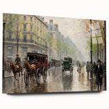 Vintage Portrait Art | Bustling Paris Street Scene in Rain