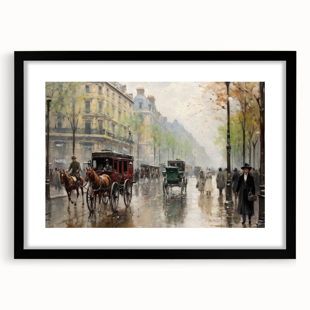 Vintage Portrait Art | Bustling Paris Street Scene in Rain