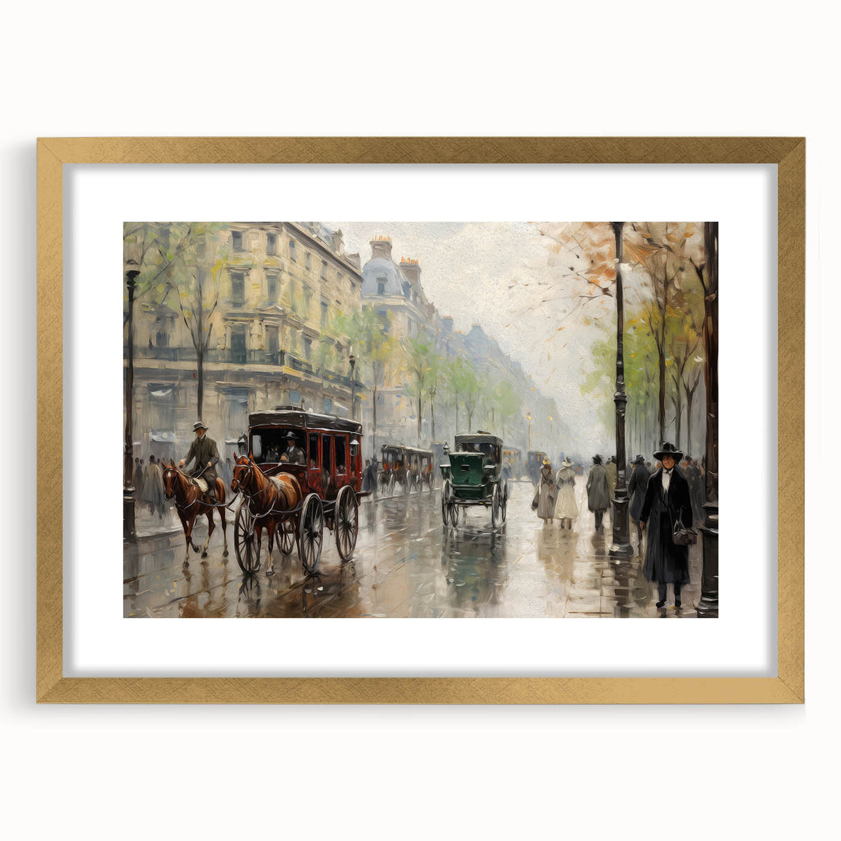 Vintage Portrait Art | Bustling Paris Street Scene in Rain