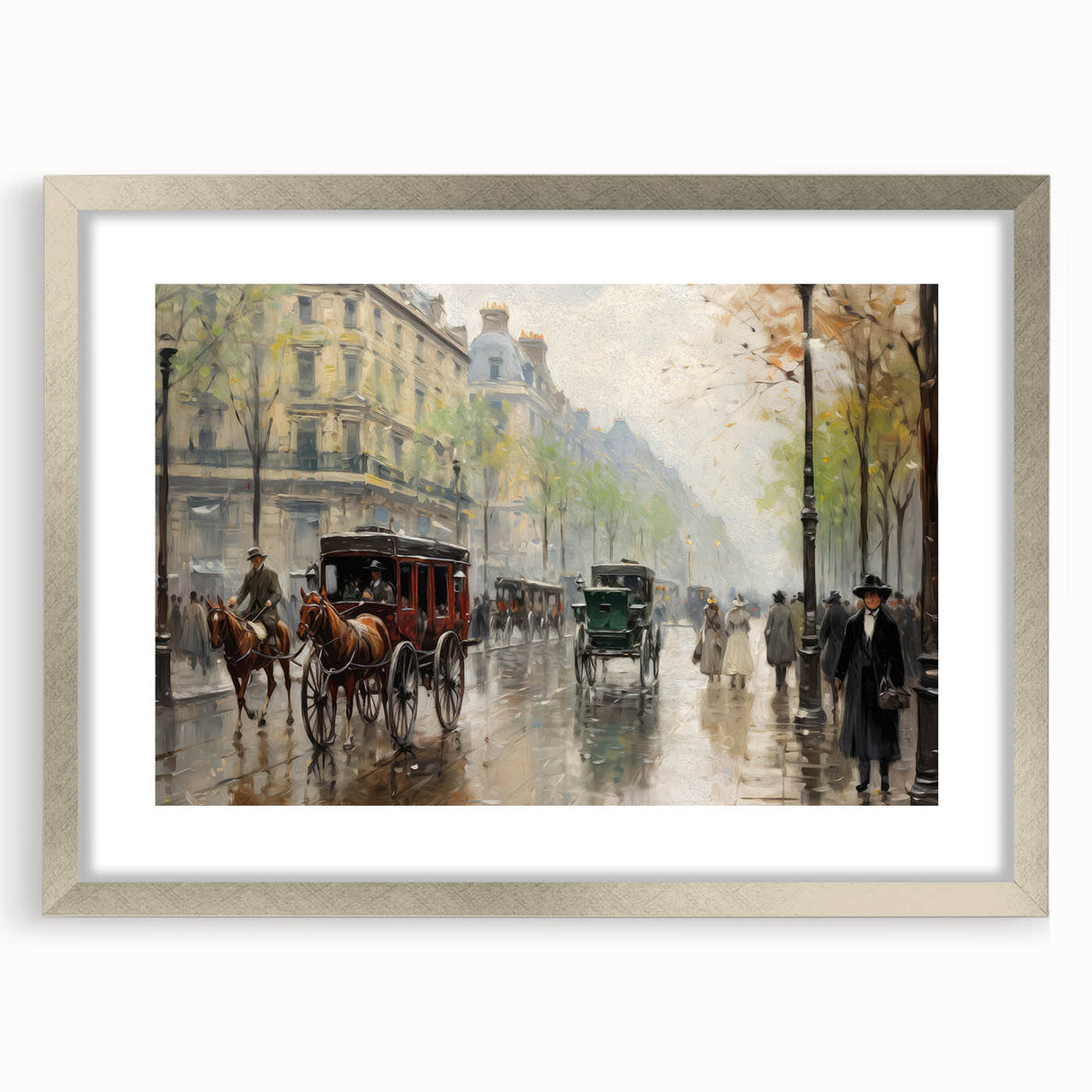 Vintage Portrait Art | Bustling Paris Street Scene in Rain