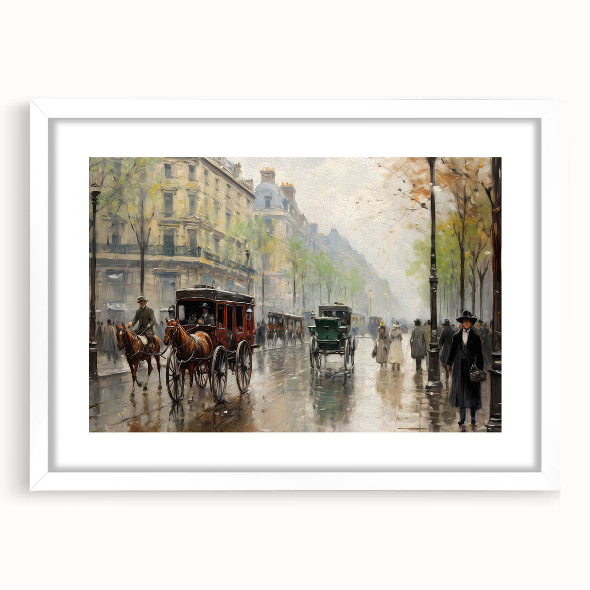 Vintage Portrait Art | Bustling Paris Street Scene in Rain