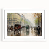 Vintage Portrait Art | Bustling Paris Street Scene in Rain