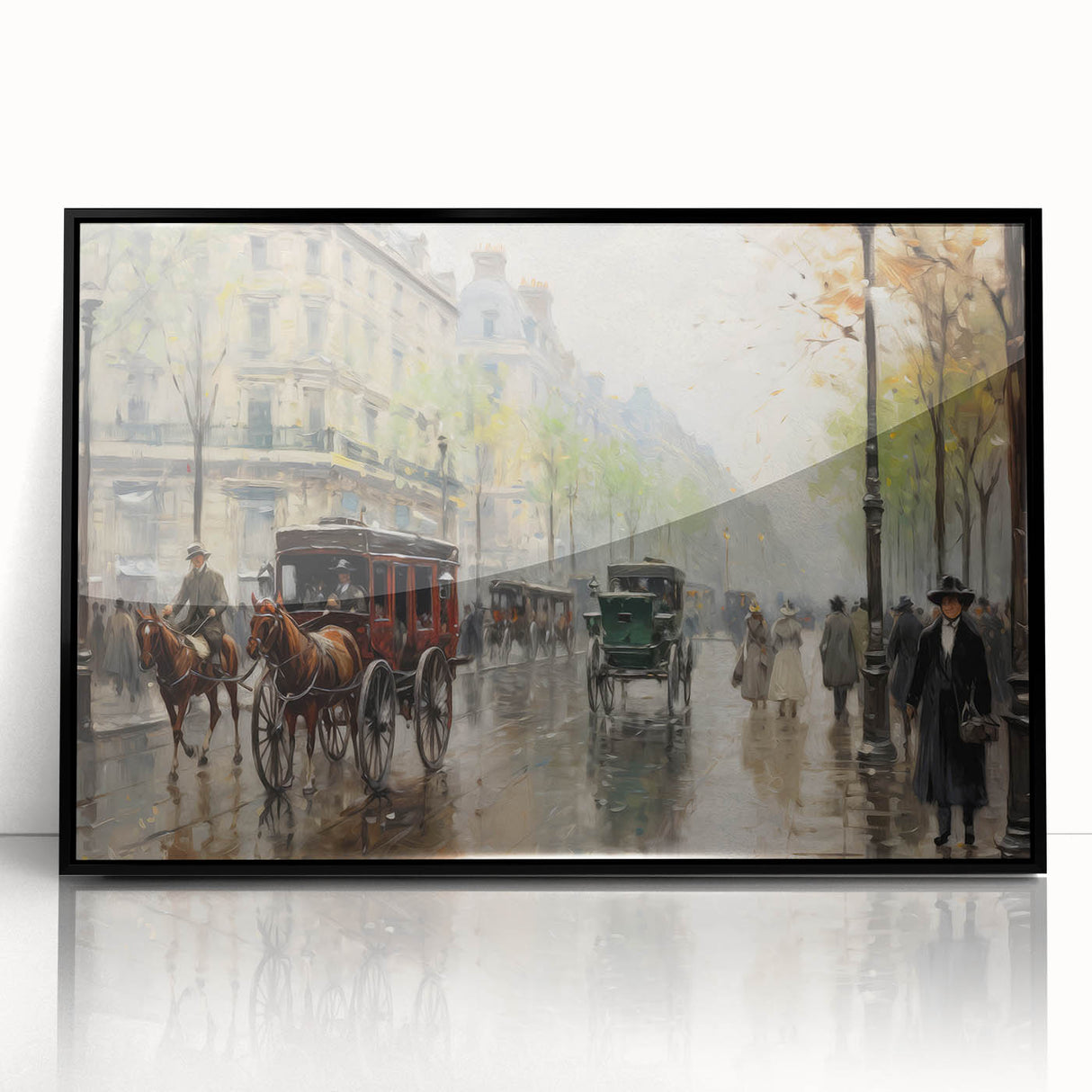 Vintage Portrait Art | Bustling Paris Street Scene in Rain