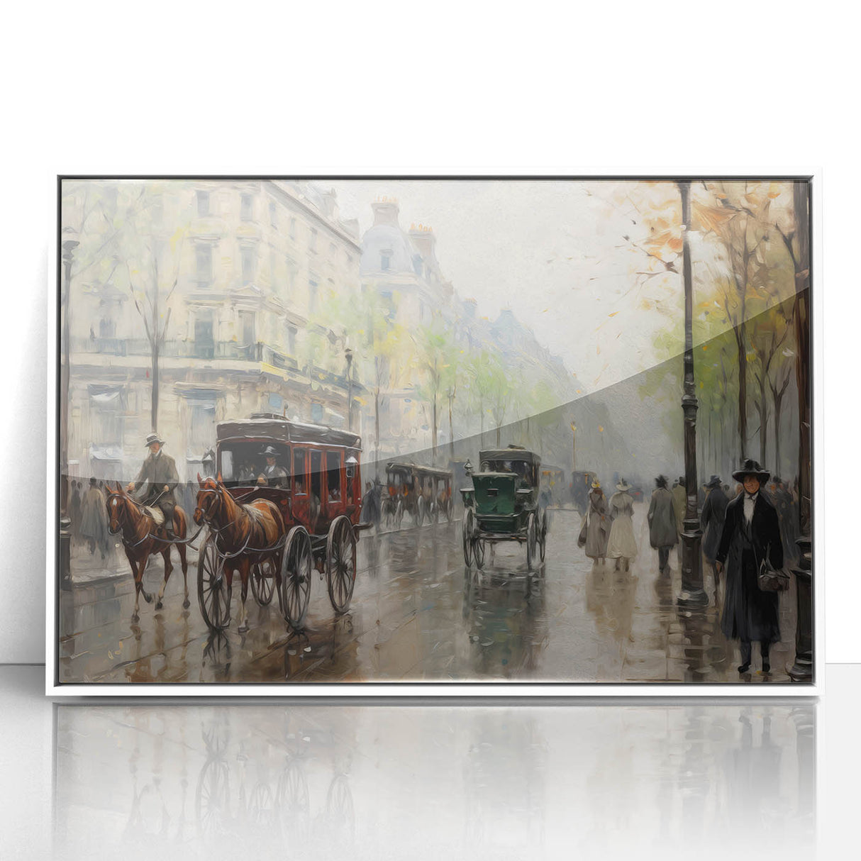 Vintage Portrait Art | Bustling Paris Street Scene in Rain