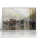 Vintage Portrait Art | Bustling Paris Street Scene in Rain