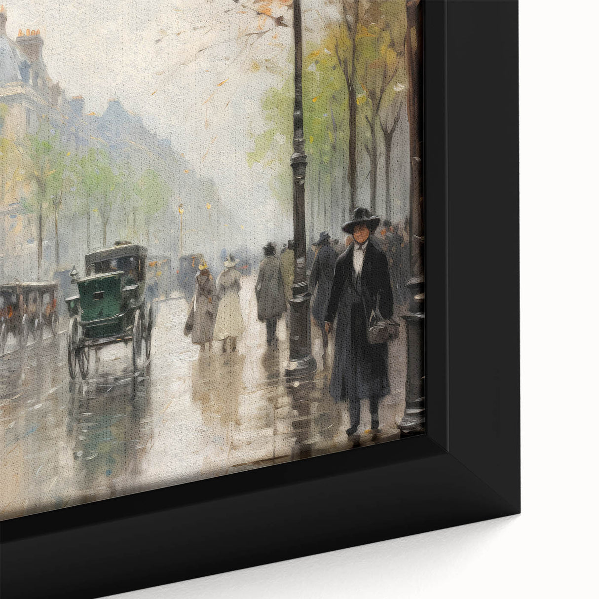 Vintage Portrait Art | Bustling Paris Street Scene in Rain