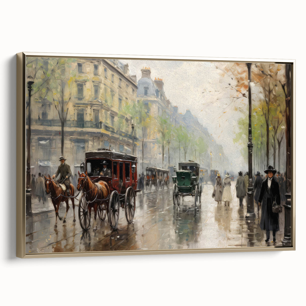 Vintage Portrait Art | Bustling Paris Street Scene in Rain