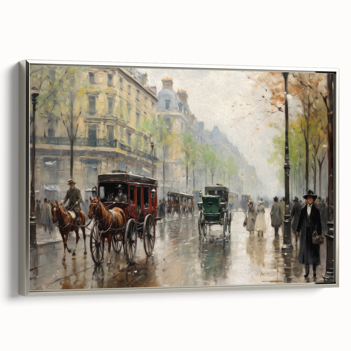 Vintage Portrait Art | Bustling Paris Street Scene in Rain