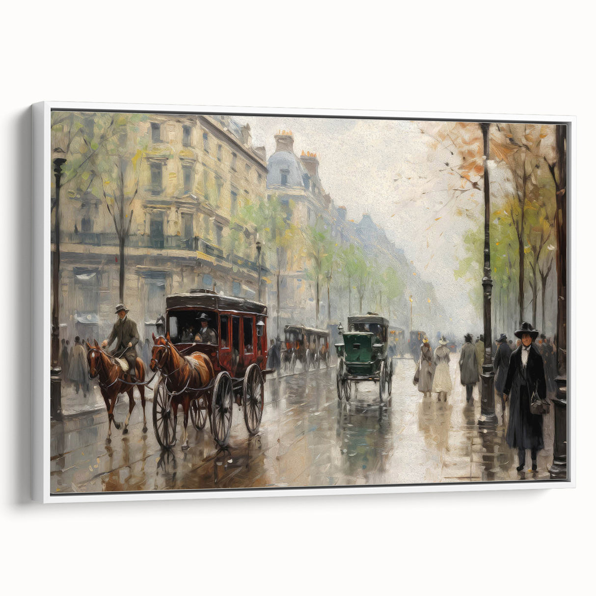 Vintage Portrait Art | Bustling Paris Street Scene in Rain