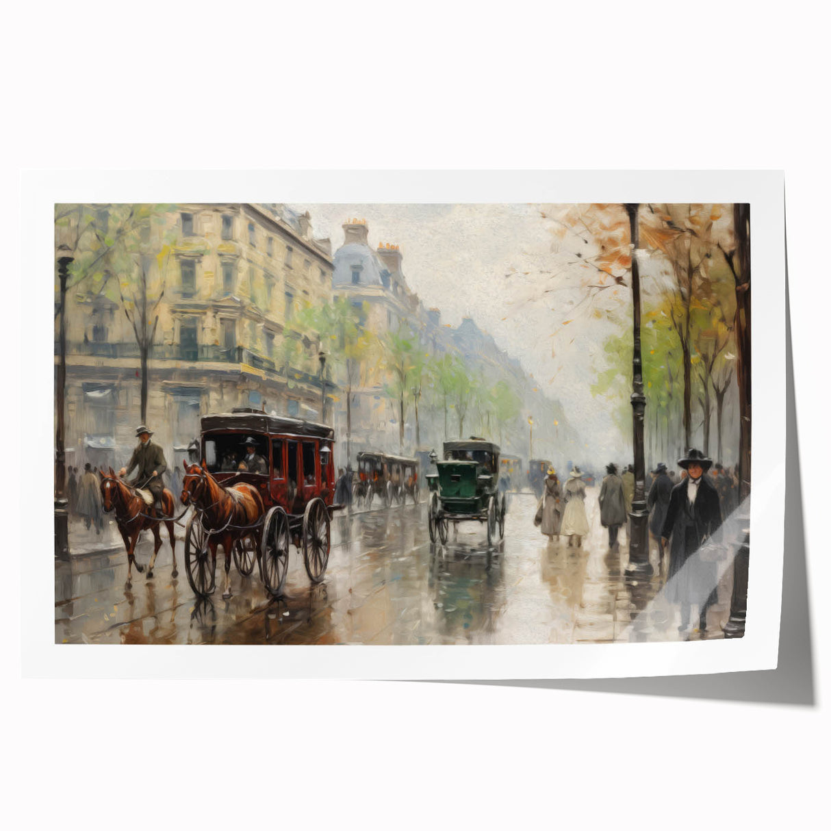 Vintage Portrait Art | Bustling Paris Street Scene in Rain