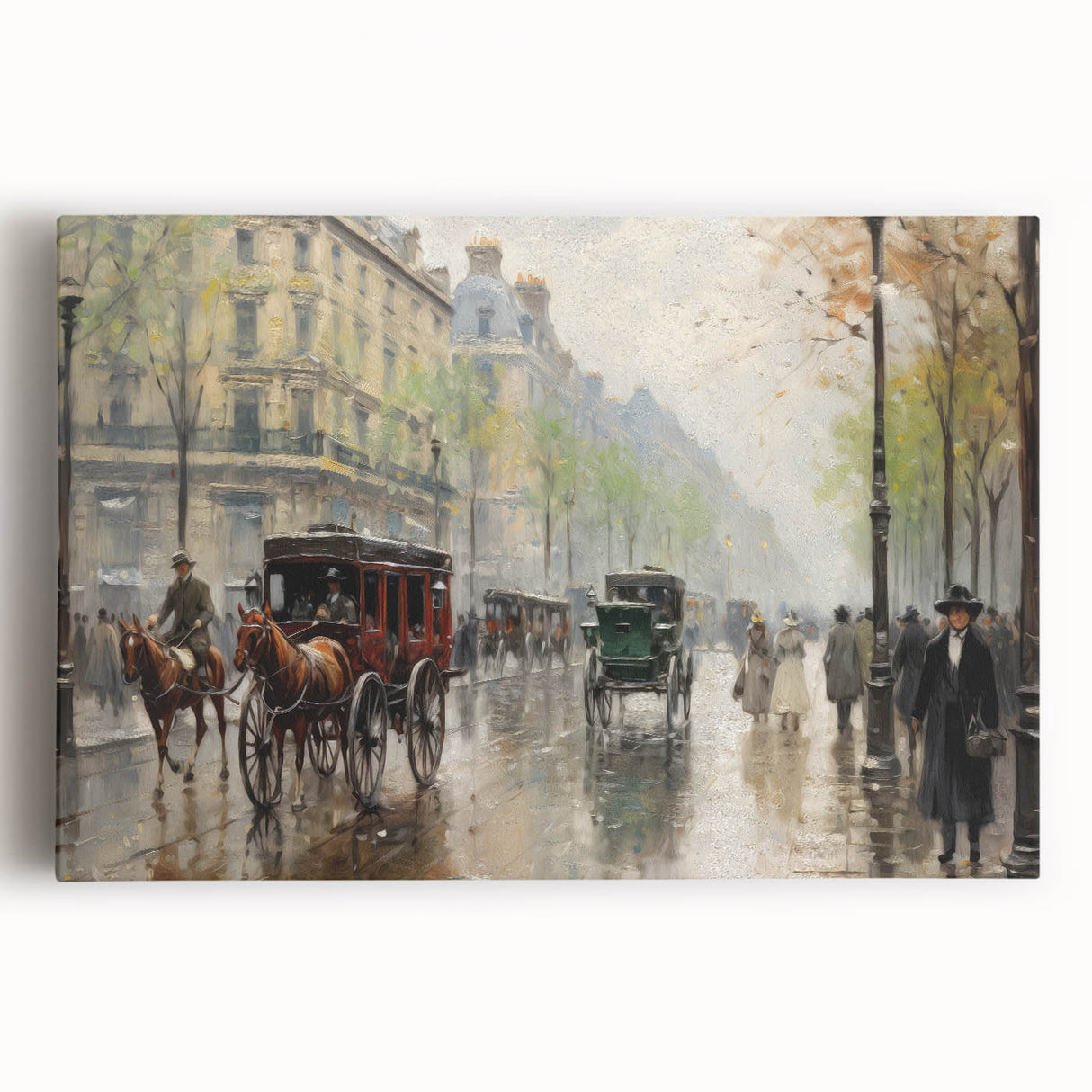 Vintage Portrait Art | Bustling Paris Street Scene in Rain