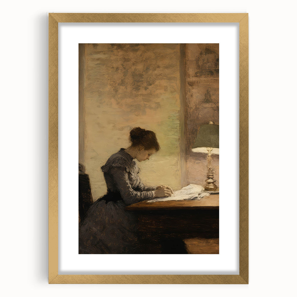 Vintage Portrait Art - Woman Writing by Lamp Antique Canvas