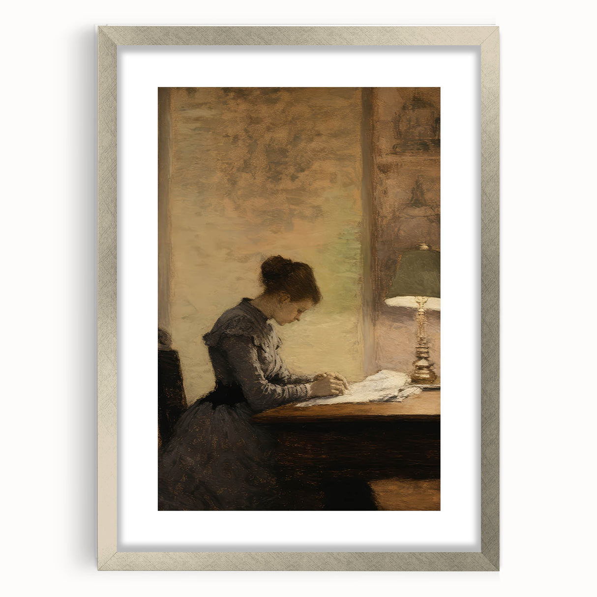 Vintage Portrait Art - Woman Writing by Lamp Antique Canvas