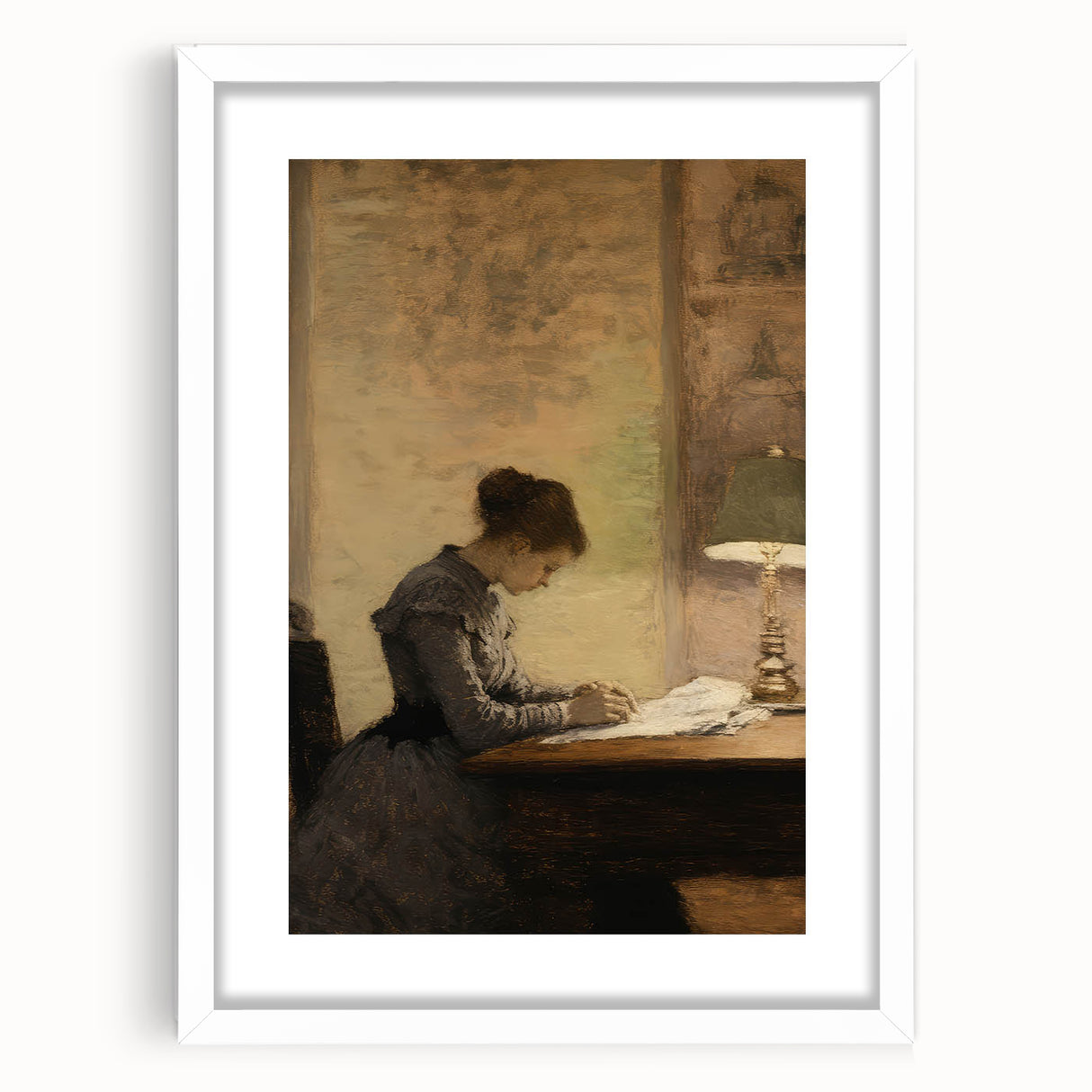 Vintage Portrait Art - Woman Writing by Lamp Antique Canvas