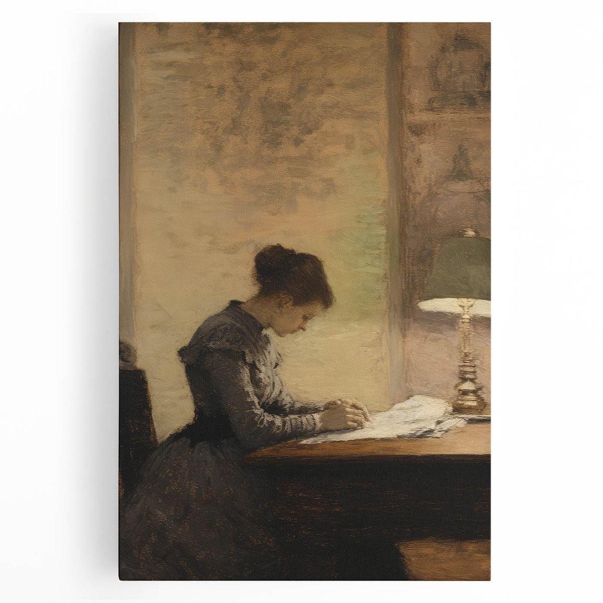 Vintage Portrait Art - Woman Writing by Lamp Antique Canvas