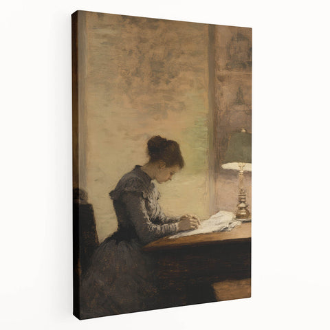 Vintage Portrait Art - Woman Writing by Lamp Antique Canvas