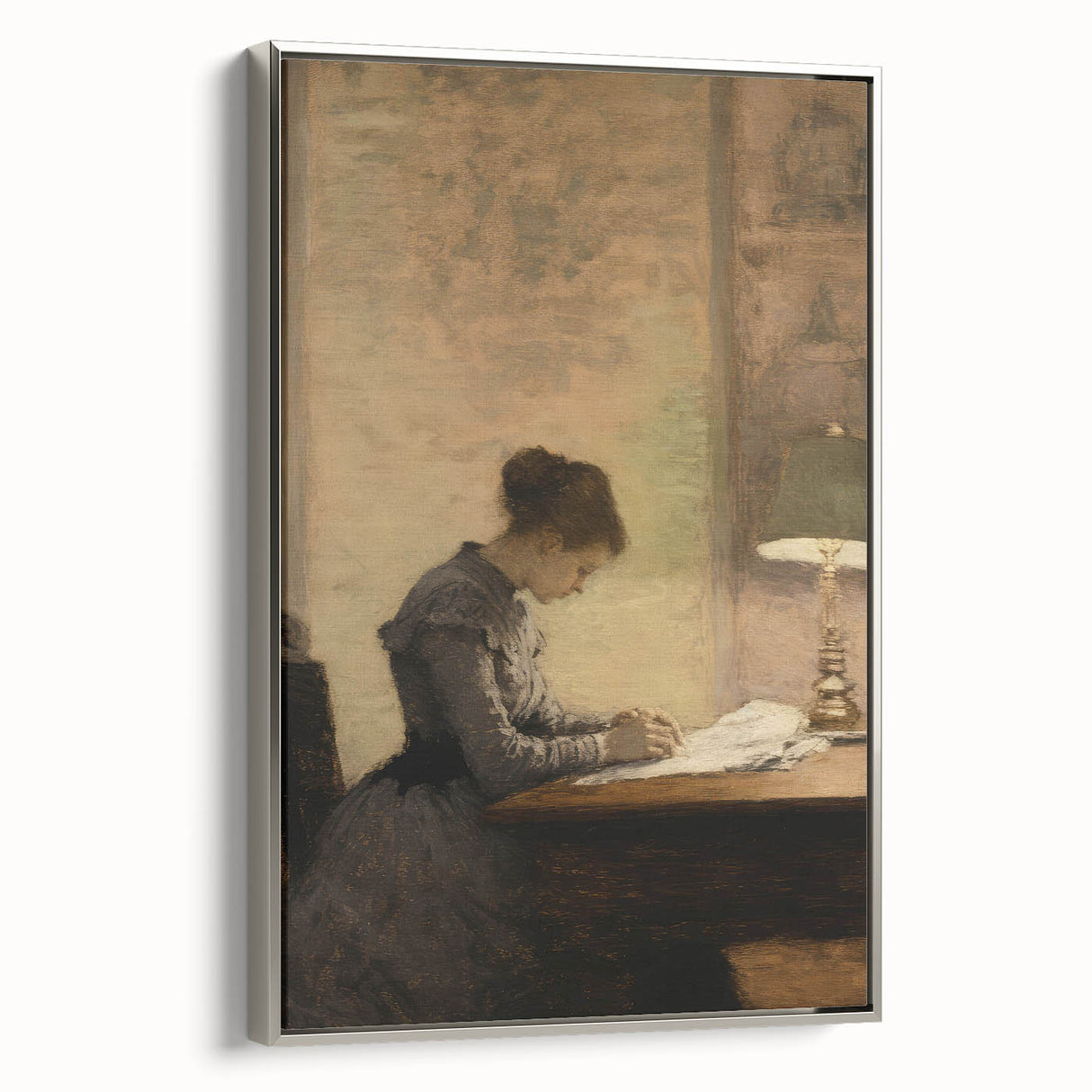 Vintage Portrait Art - Woman Writing by Lamp Antique Canvas