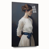 Classic Portrait Artwork - Elegant Woman in White with Blue Sash
