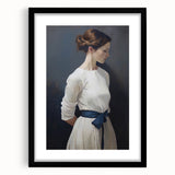 Classic Portrait Artwork - Elegant Woman in White with Blue Sash