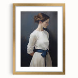 Classic Portrait Artwork - Elegant Woman in White with Blue Sash