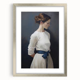 Classic Portrait Artwork - Elegant Woman in White with Blue Sash