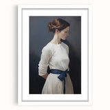 Classic Portrait Artwork - Elegant Woman in White with Blue Sash