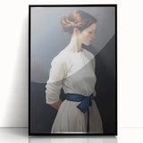Classic Portrait Artwork - Elegant Woman in White with Blue Sash