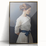 Classic Portrait Artwork - Elegant Woman in White with Blue Sash