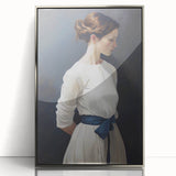 Classic Portrait Artwork - Elegant Woman in White with Blue Sash