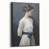 Classic Portrait Artwork - Elegant Woman in White with Blue Sash