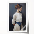 Classic Portrait Artwork - Elegant Woman in White with Blue Sash