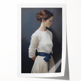 Classic Portrait Artwork - Elegant Woman in White with Blue Sash
