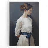 Classic Portrait Artwork - Elegant Woman in White with Blue Sash