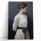 Classic Portrait Artwork - Elegant Woman in White with Blue Sash