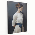 Classic Portrait Artwork - Elegant Woman in White with Blue Sash