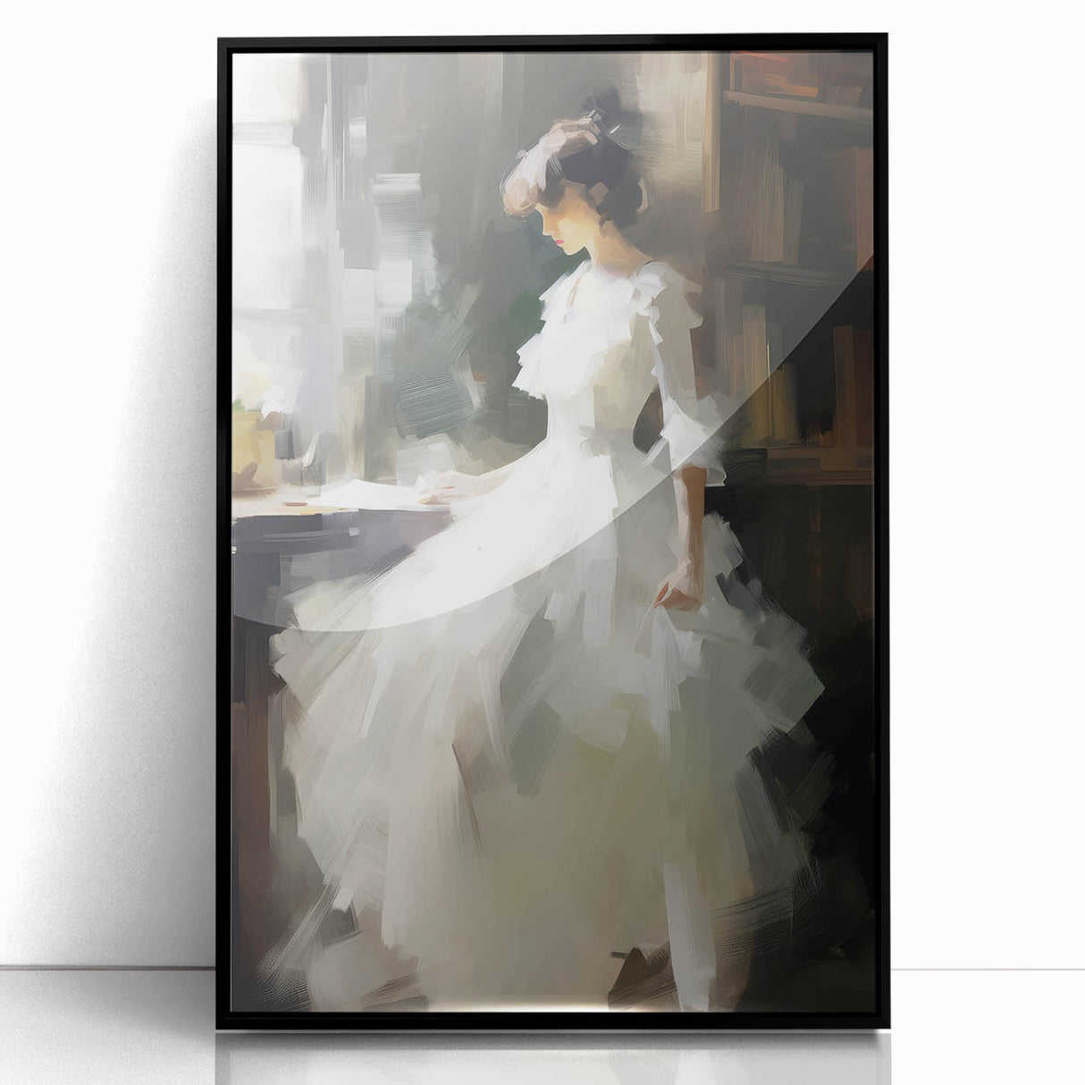 Vintage Portrait Art - Elegant Lady in White by Window Canvas