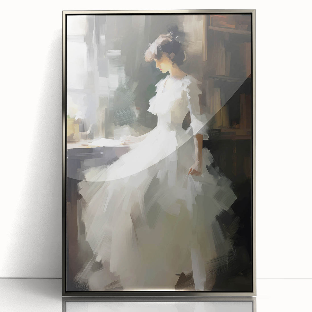 Vintage Portrait Art - Elegant Lady in White by Window Canvas