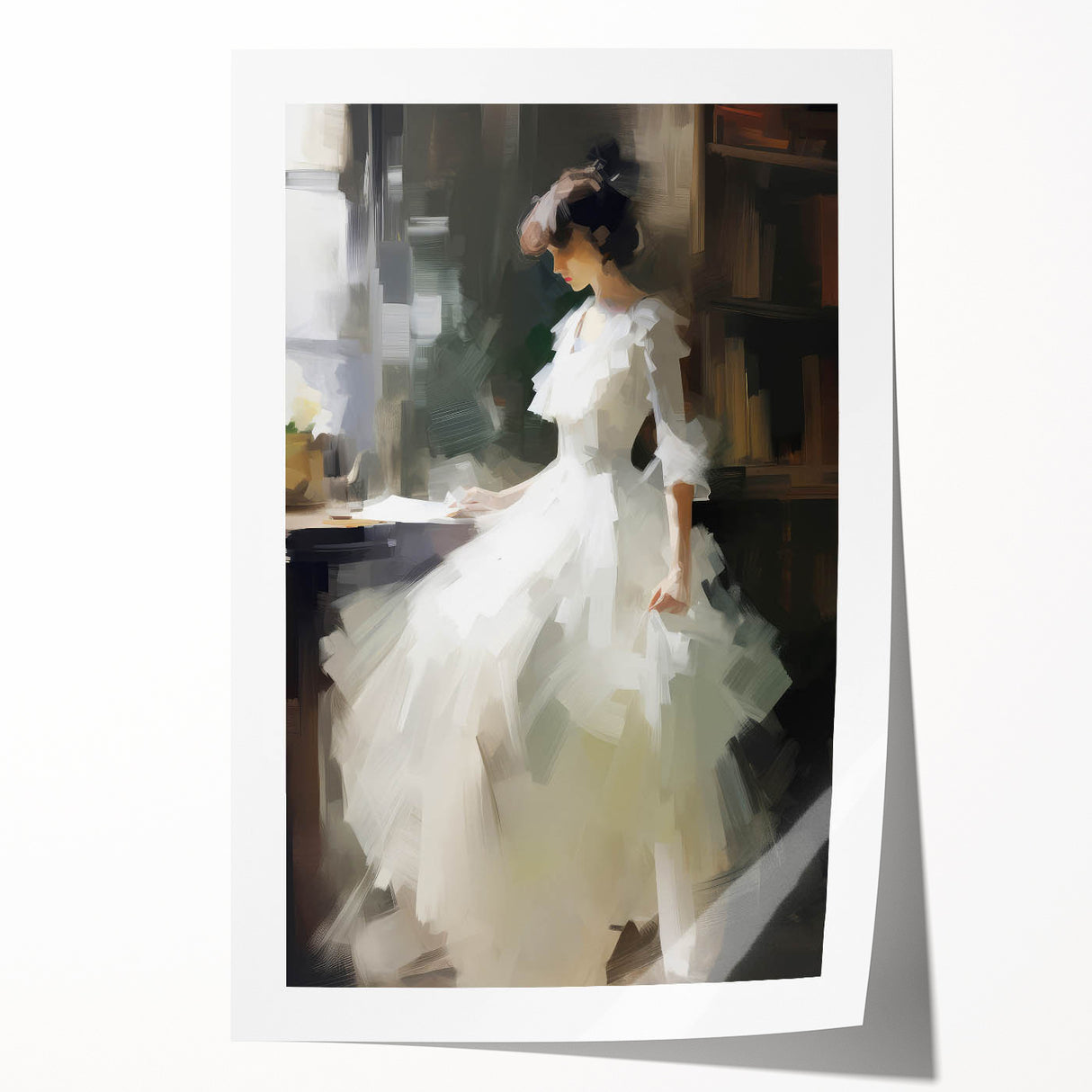 Vintage Portrait Art - Elegant Lady in White by Window Canvas