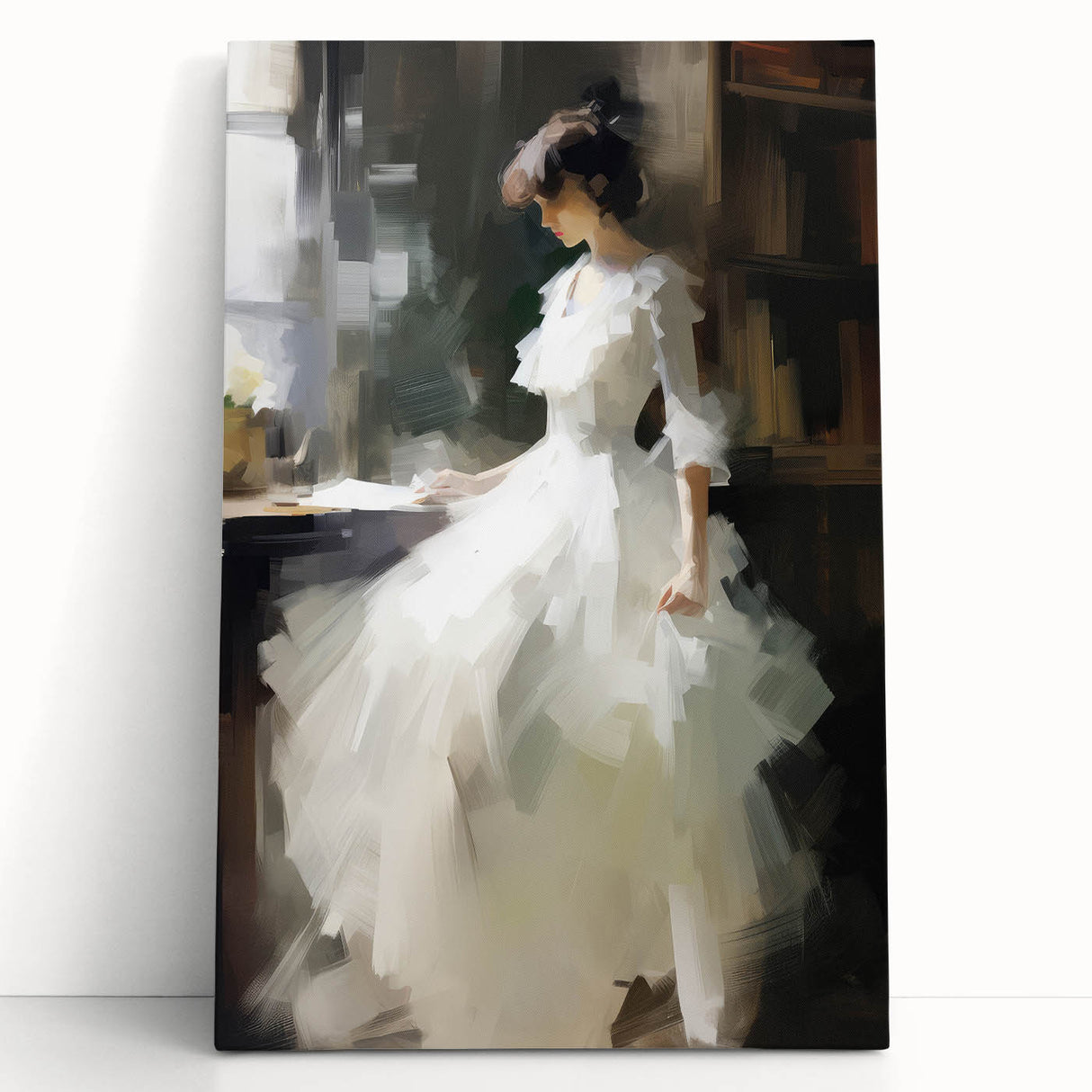 Vintage Portrait Art - Elegant Lady in White by Window Canvas