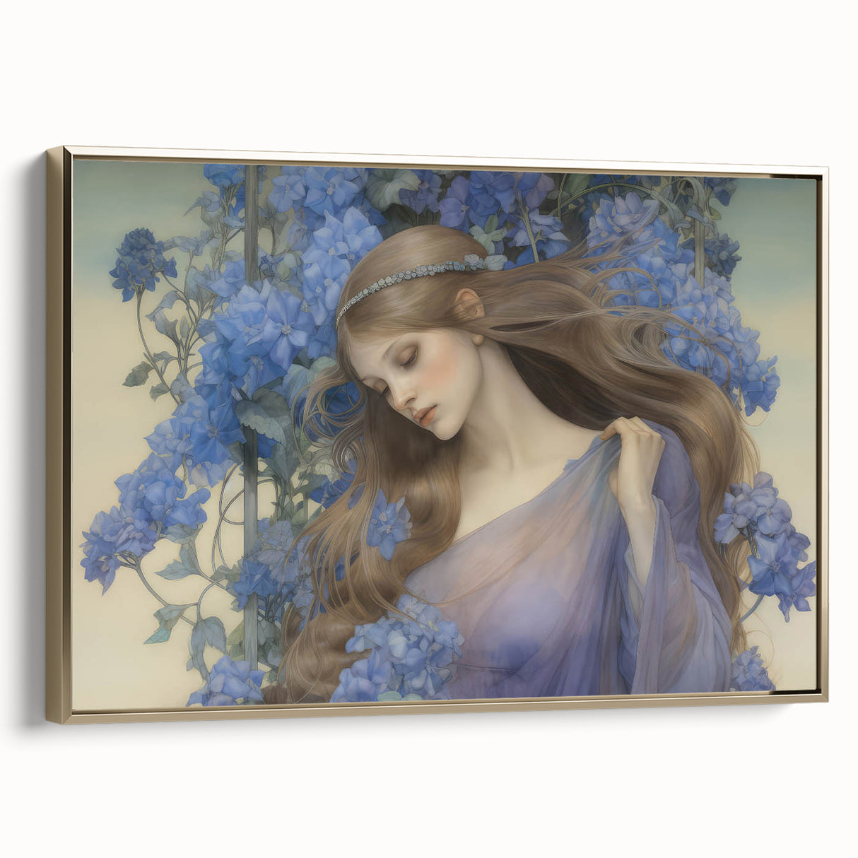 Vintage Portrait Art – Lady in Blue Flowers Canvas Print